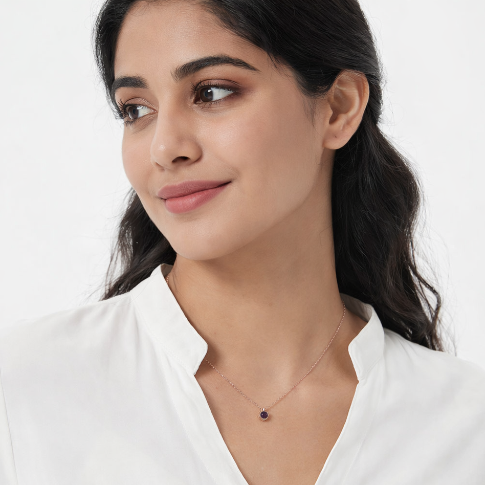 Model wearing the bubble custom photo projection necklace