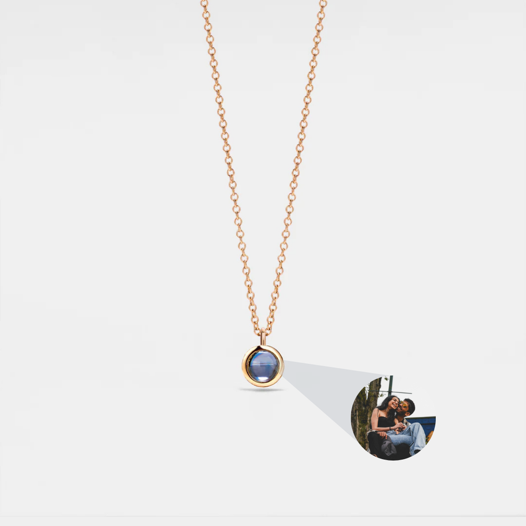 Rose gold round photo projection necklace